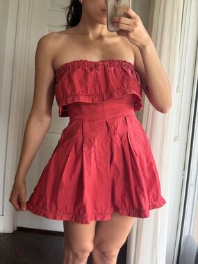 Free People Boho Feminine Coquette Strapless Ruffled Deep Coral Romper women XS